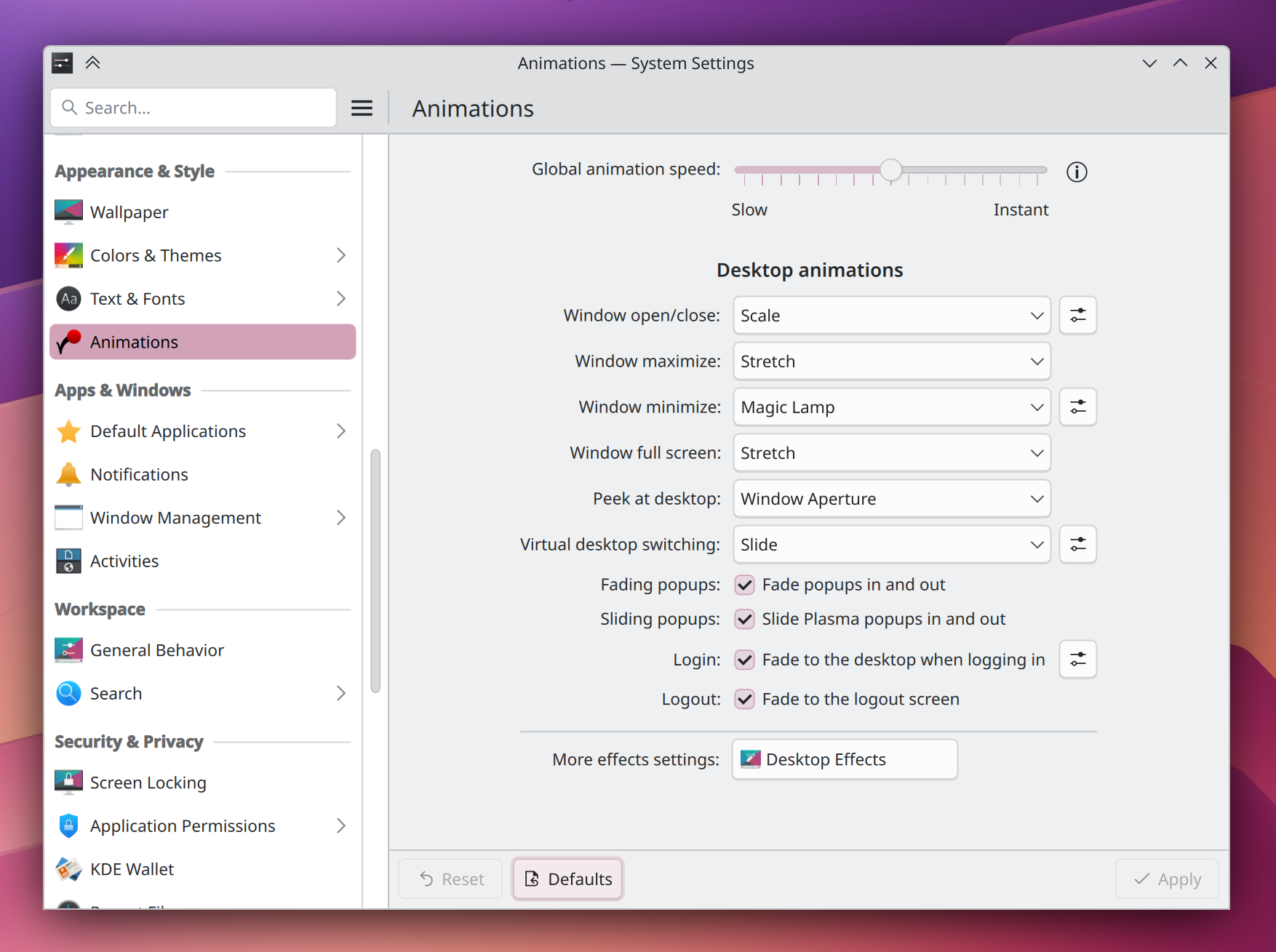 New System Settings page showing settings for animations