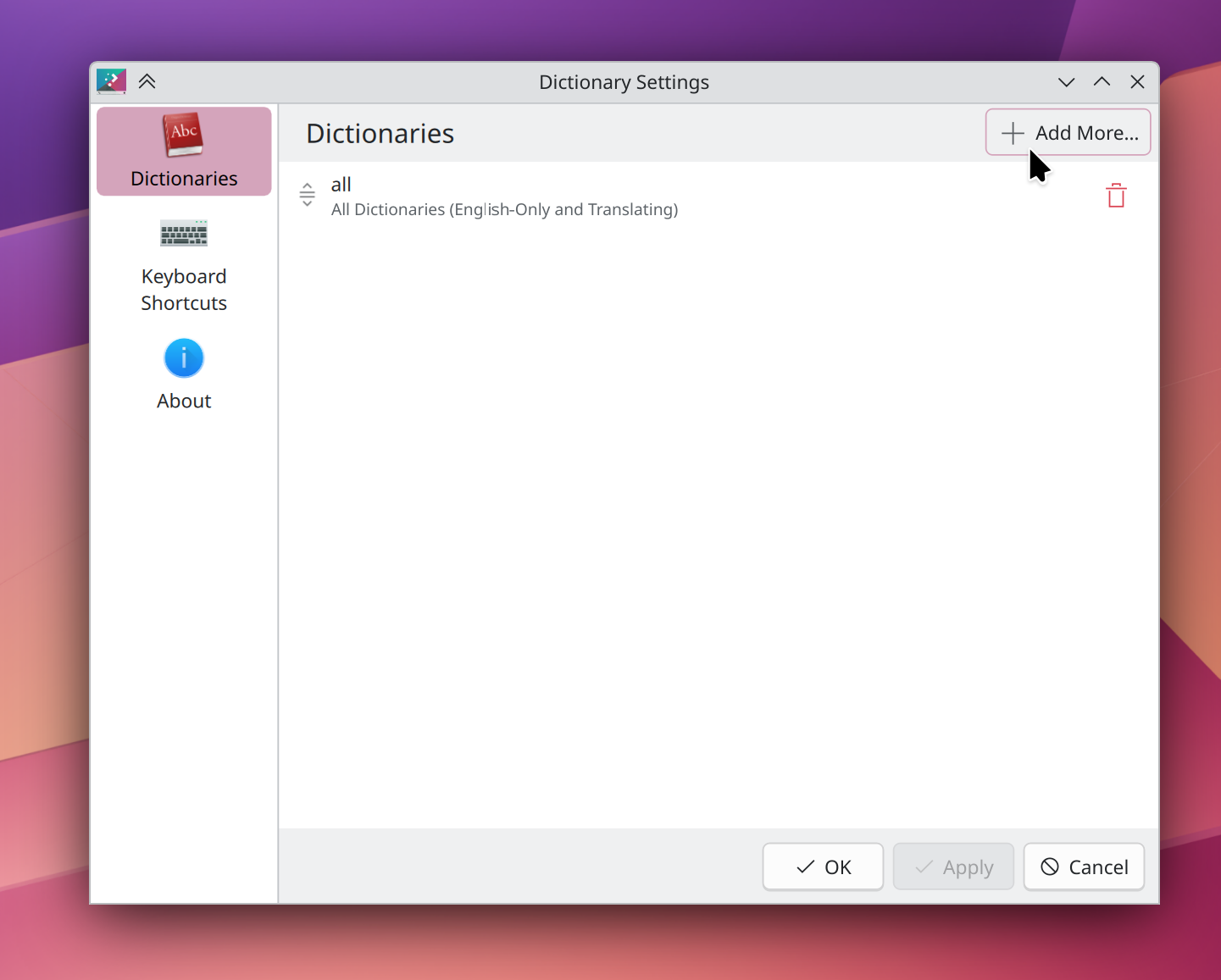 Dictionary settings window