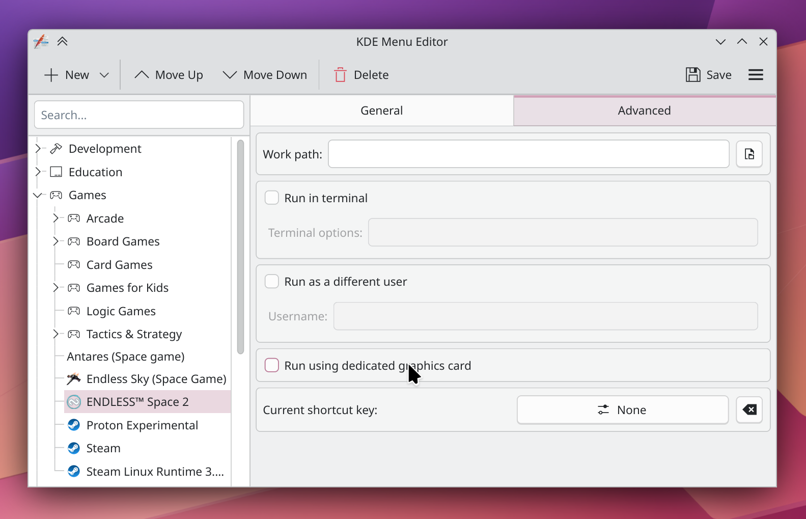 KMenuEdit app showing option to make an app run on the system's discrete GPU