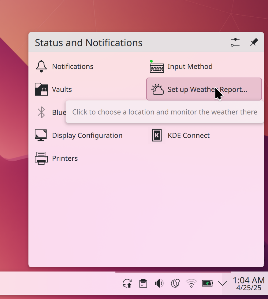 Weather Report widget in Plasma system tray inviting the user to configure it
