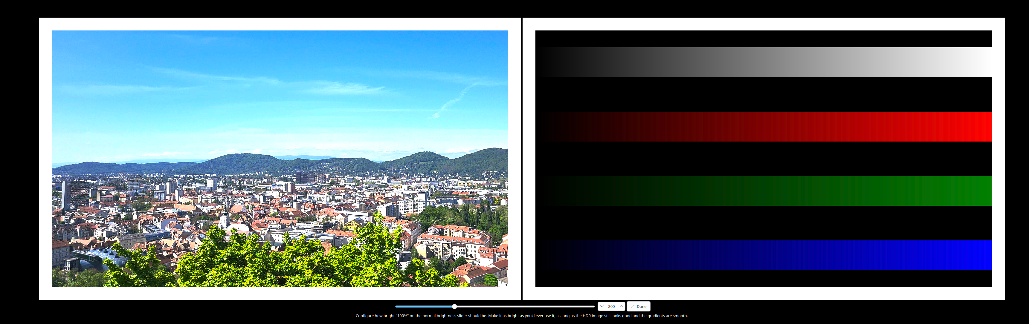 HDR calibration wizard showing a photograph of the picturesque Austrian city of Grz used for color calibration